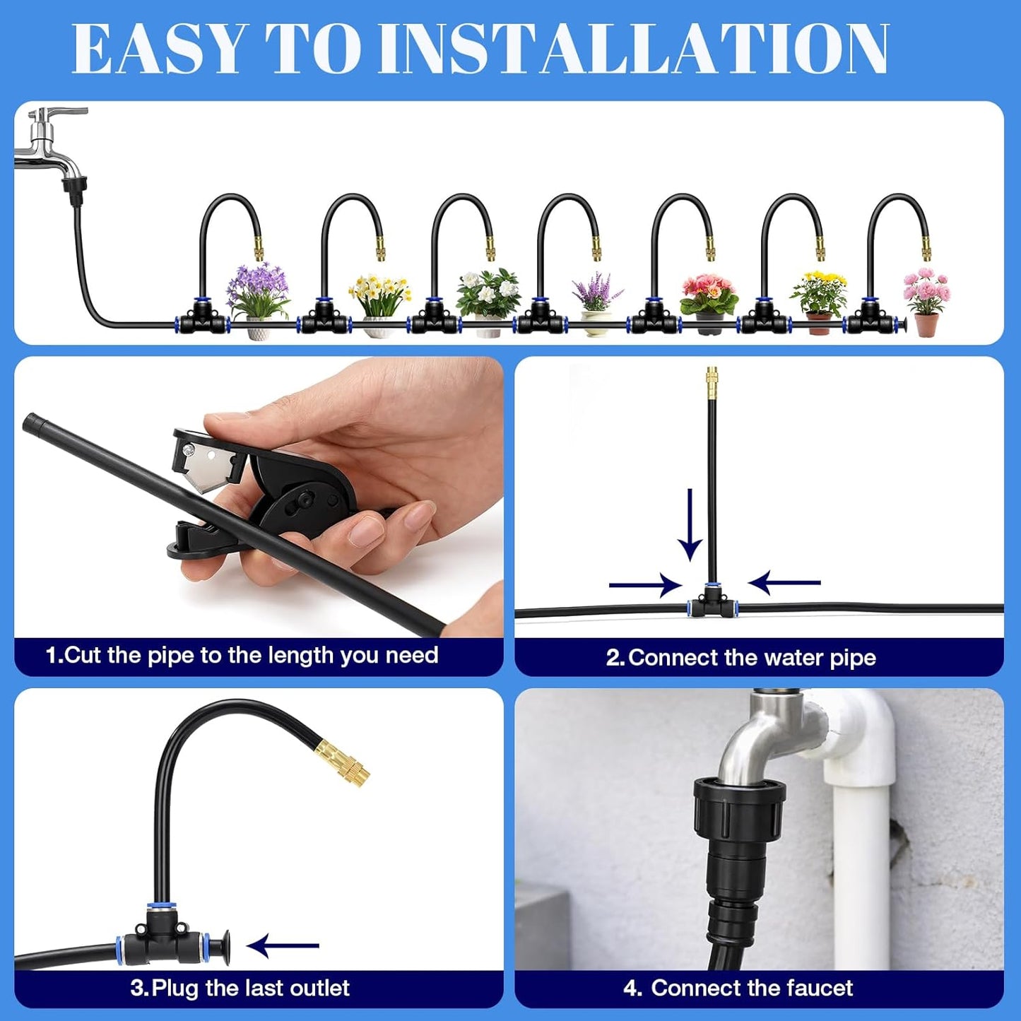 60FT Drip Irrigation Kit, 6mm Hose with Dual Outlet Splitter with Independent Valves & 15 360° Adjustable Brass Nozzles & 18 Snap-On Tees, DIY Automatic Watering for Greenhouse, Raised Beds, Garden