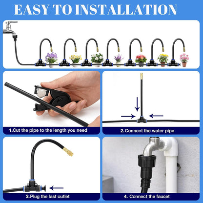 60FT Drip Irrigation Kit, 6mm Hose with Dual Outlet Splitter with Independent Valves & 15 360° Adjustable Brass Nozzles & 18 Snap-On Tees, DIY Automatic Watering for Greenhouse, Raised Beds, Garden