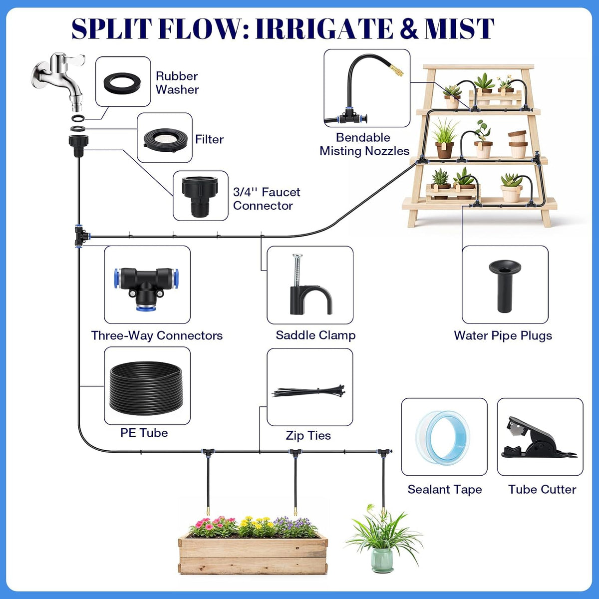 60FT Drip Irrigation Kit, 6mm Hose with Dual Outlet Splitter with Independent Valves & 15 360° Adjustable Brass Nozzles & 18 Snap-On Tees, DIY Automatic Watering for Greenhouse, Raised Beds, Garden