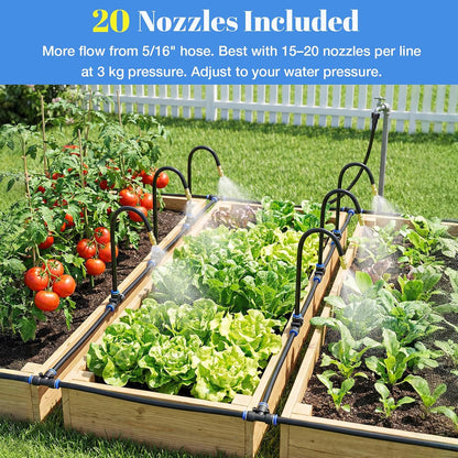 60FT Drip Irrigation Kit, 6mm Hose with Dual Outlet Splitter with Independent Valves & 15 360° Adjustable Brass Nozzles & 18 Snap-On Tees, DIY Automatic Watering for Greenhouse, Raised Beds, Garden