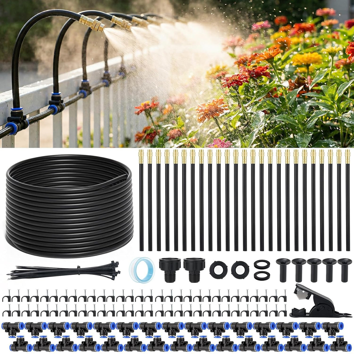 60FT Drip Irrigation Kit, 6mm Hose with Dual Outlet Splitter with Independent Valves & 15 360° Adjustable Brass Nozzles & 18 Snap-On Tees, DIY Automatic Watering for Greenhouse, Raised Beds, Garden
