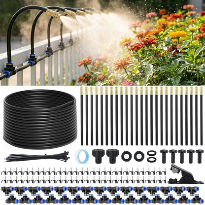 60FT Drip Irrigation Kit, 6mm Hose with Dual Outlet Splitter with Independent Valves & 15 360° Adjustable Brass Nozzles & 18 Snap-On Tees, DIY Automatic Watering for Greenhouse, Raised Beds, Garden