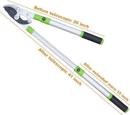 Heavy Duty Anvil & Bypass Lopper with Telescopic Handle (26-41 Inch) - 5-Layer Adjustable Garden Pruner, 2-Inch Branch Cutter for Tree Trimming