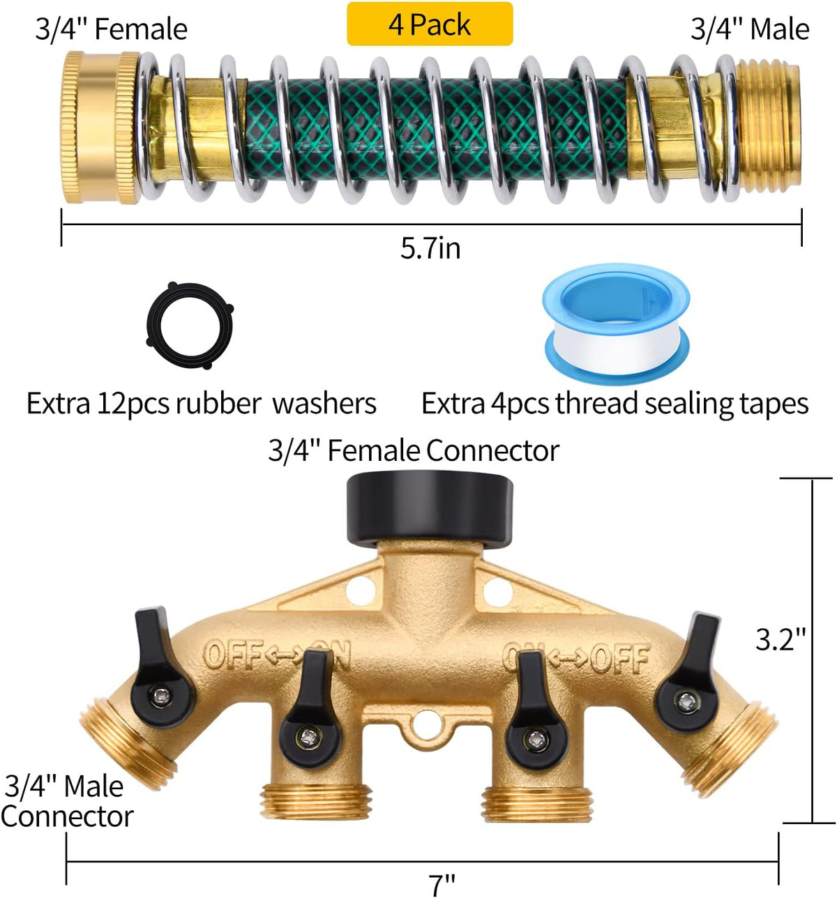 4 Way Hose Splitter with 4pcs Garden Hose Extension Adapter