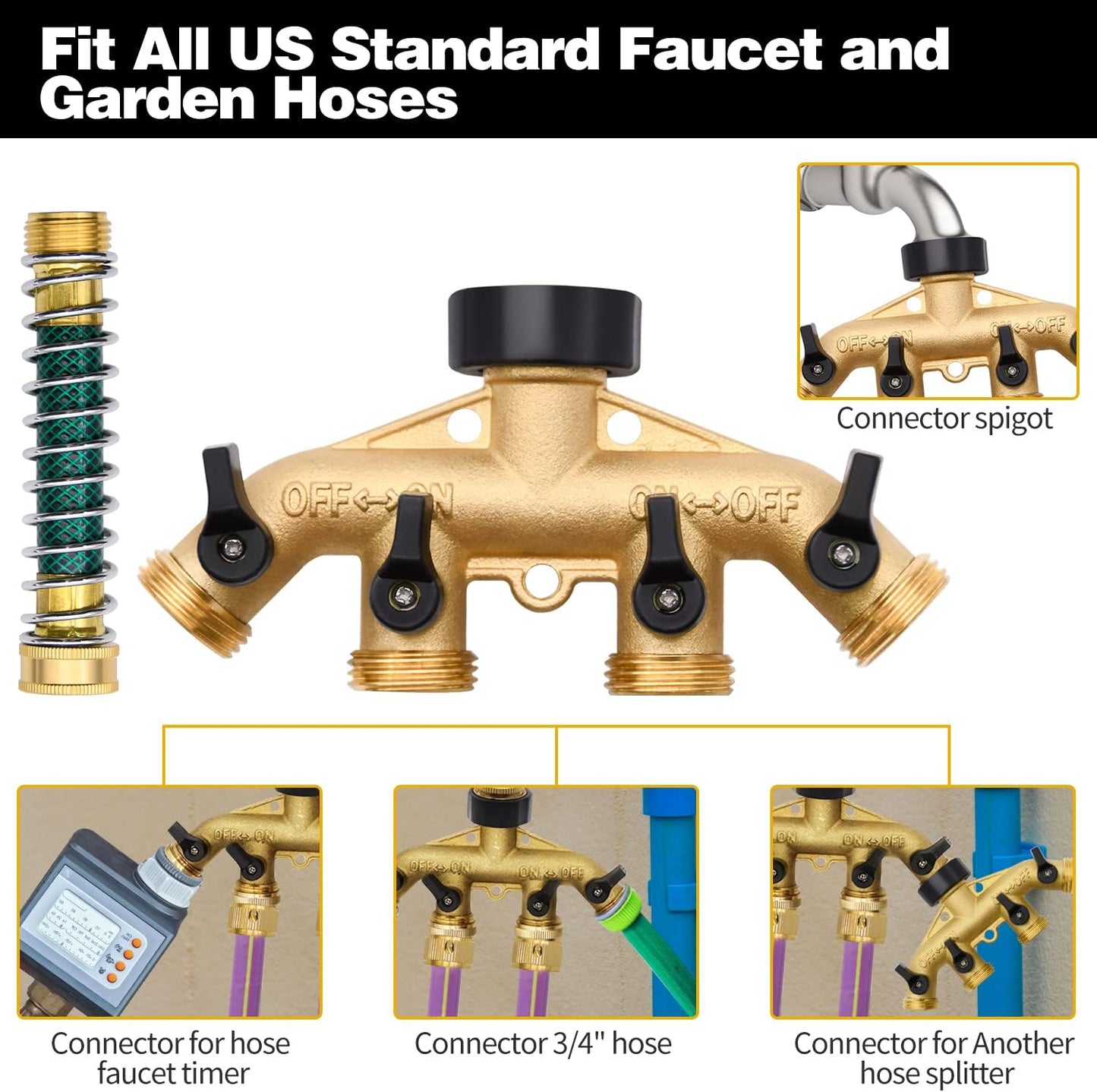4 Way Hose Splitter with 4pcs Garden Hose Extension Adapter