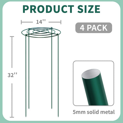 4 Sets Peony Support Cage,14"Diax32"High Heavy Duty Metal Plant Support,Grow Through Hoops Grids with 4 Thickened 5mm Legs,Strong Support Brace for Heavy Blossoms,Flower Support Ring for Peonies,Rose