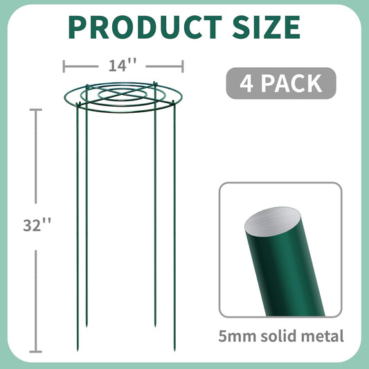 4 Sets Peony Support Cage,14"Diax32"High Heavy Duty Metal Plant Support,Grow Through Hoops Grids with 4 Thickened 5mm Legs,Strong Support Brace for Heavy Blossoms,Flower Support Ring for Peonies,Rose