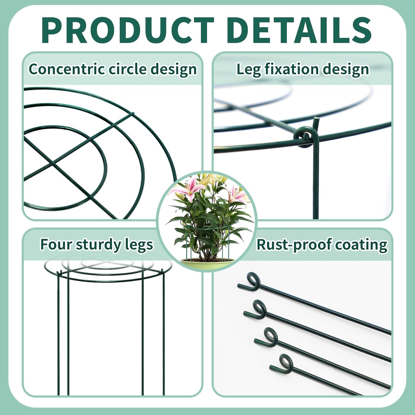 4 Sets Peony Support Cage,14"Diax32"High Heavy Duty Metal Plant Support,Grow Through Hoops Grids with 4 Thickened 5mm Legs,Strong Support Brace for Heavy Blossoms,Flower Support Ring for Peonies,Rose