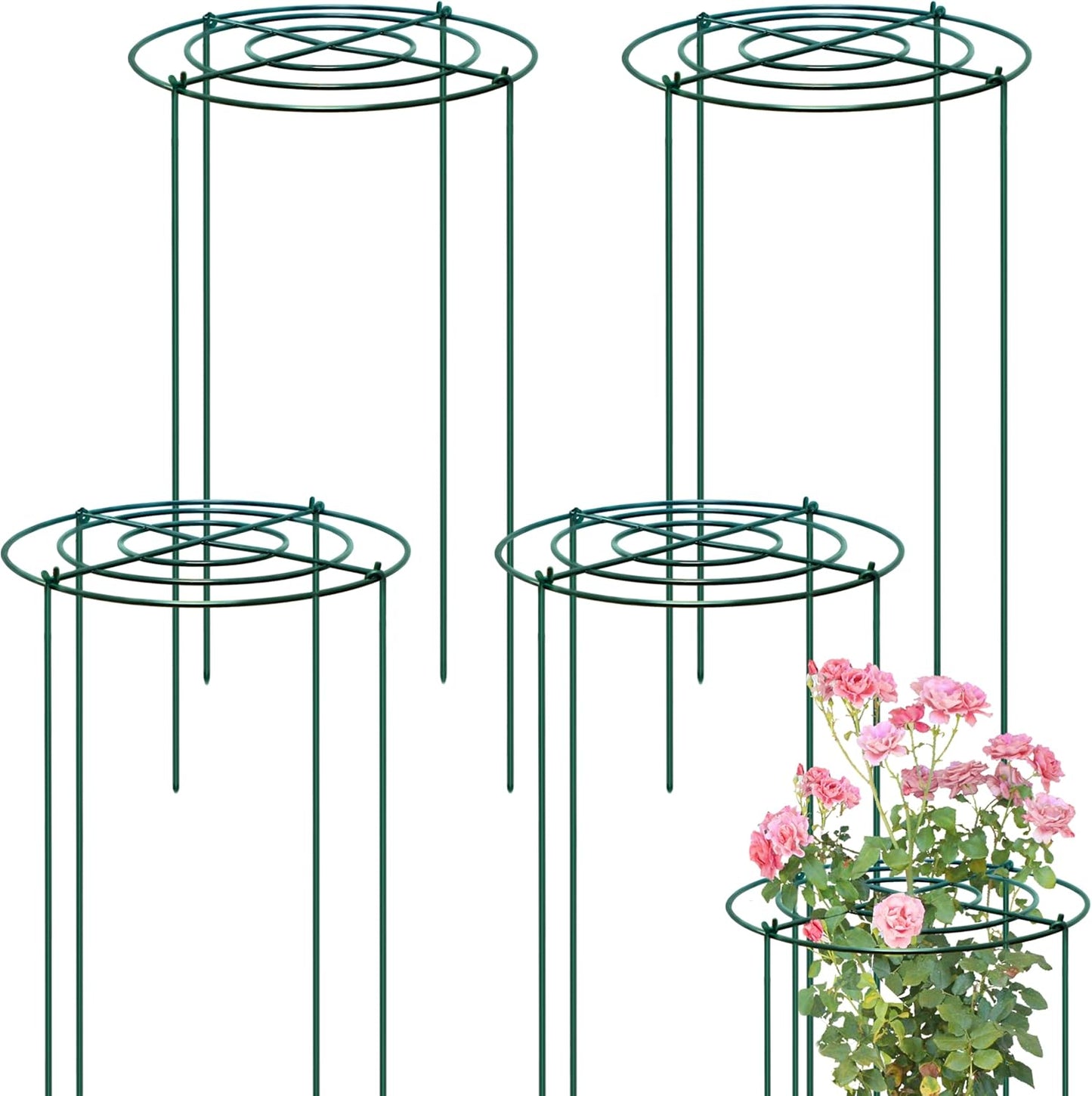 4 Sets Peony Support Cage,14"Diax32"High Heavy Duty Metal Plant Support,Grow Through Hoops Grids with 4 Thickened 5mm Legs,Strong Support Brace for Heavy Blossoms,Flower Support Ring for Peonies,Rose