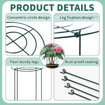 4 Sets Peony Support Cage,14"Diax32"High Heavy Duty Metal Plant Support,Grow Through Hoops Grids with 4 Thickened 5mm Legs,Strong Support Brace for Heavy Blossoms,Flower Support Ring for Peonies,Rose