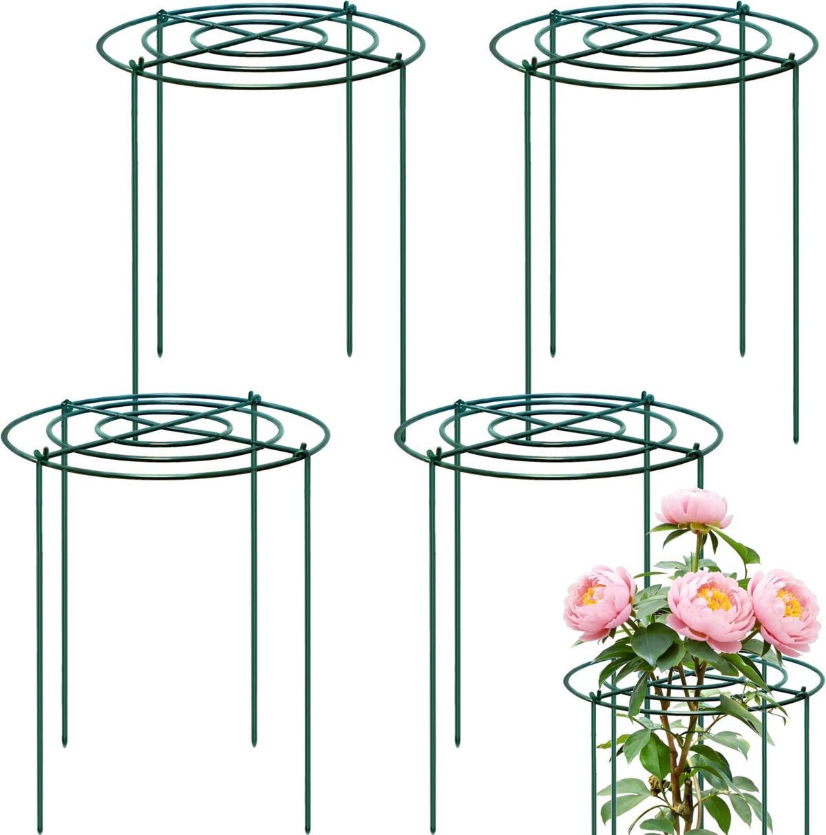 4 Sets Peony Support Cage,14"Diax32"High Heavy Duty Metal Plant Support,Grow Through Hoops Grids with 4 Thickened 5mm Legs,Strong Support Brace for Heavy Blossoms,Flower Support Ring for Peonies,Rose