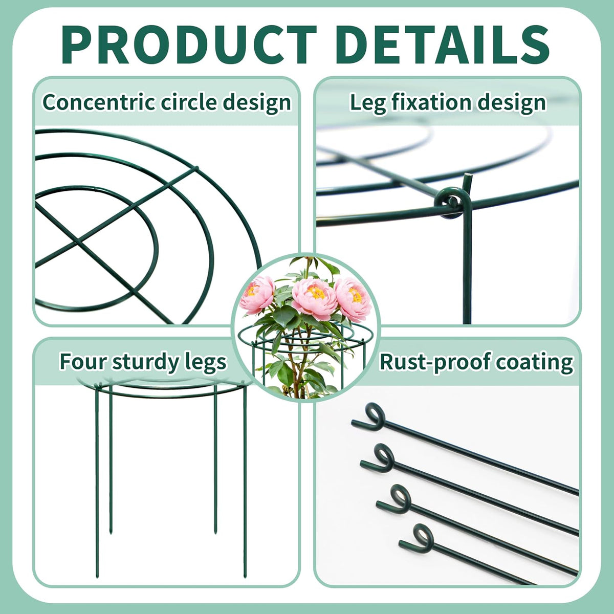 4 Sets Peony Support Cage,14"Diax32"High Heavy Duty Metal Plant Support,Grow Through Hoops Grids with 4 Thickened 5mm Legs,Strong Support Brace for Heavy Blossoms,Flower Support Ring for Peonies,Rose