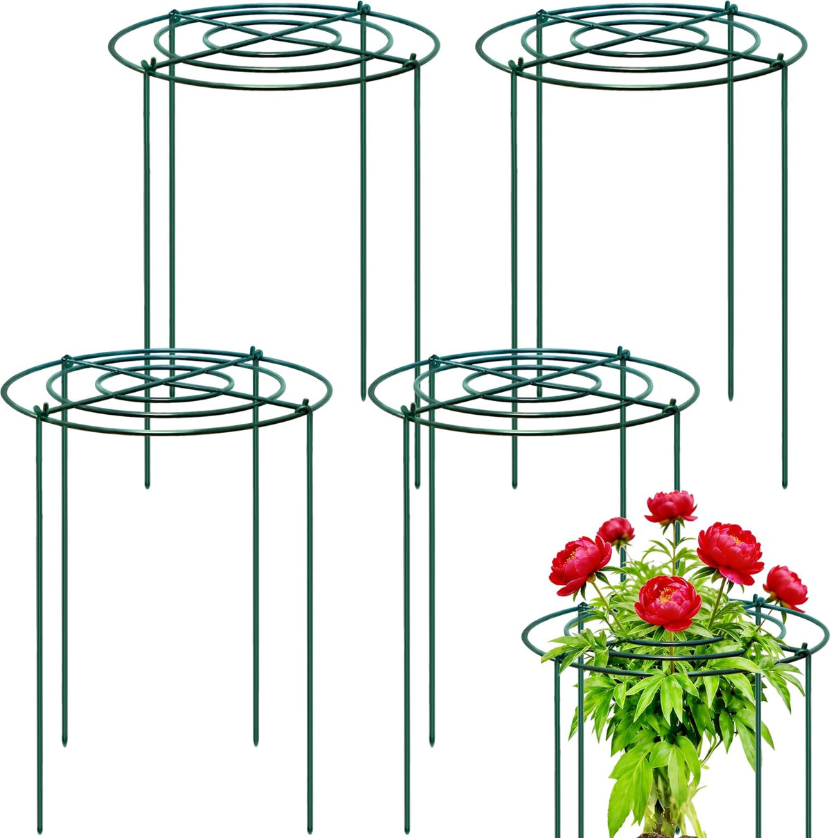 4 Sets Peony Support Cage,14"Diax32"High Heavy Duty Metal Plant Support,Grow Through Hoops Grids with 4 Thickened 5mm Legs,Strong Support Brace for Heavy Blossoms,Flower Support Ring for Peonies,Rose