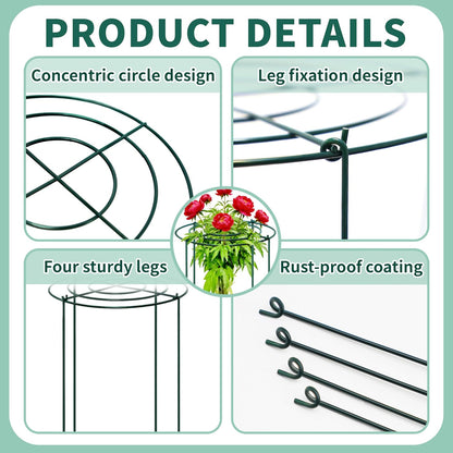 4 Sets Peony Support Cage,14"Diax32"High Heavy Duty Metal Plant Support,Grow Through Hoops Grids with 4 Thickened 5mm Legs,Strong Support Brace for Heavy Blossoms,Flower Support Ring for Peonies,Rose