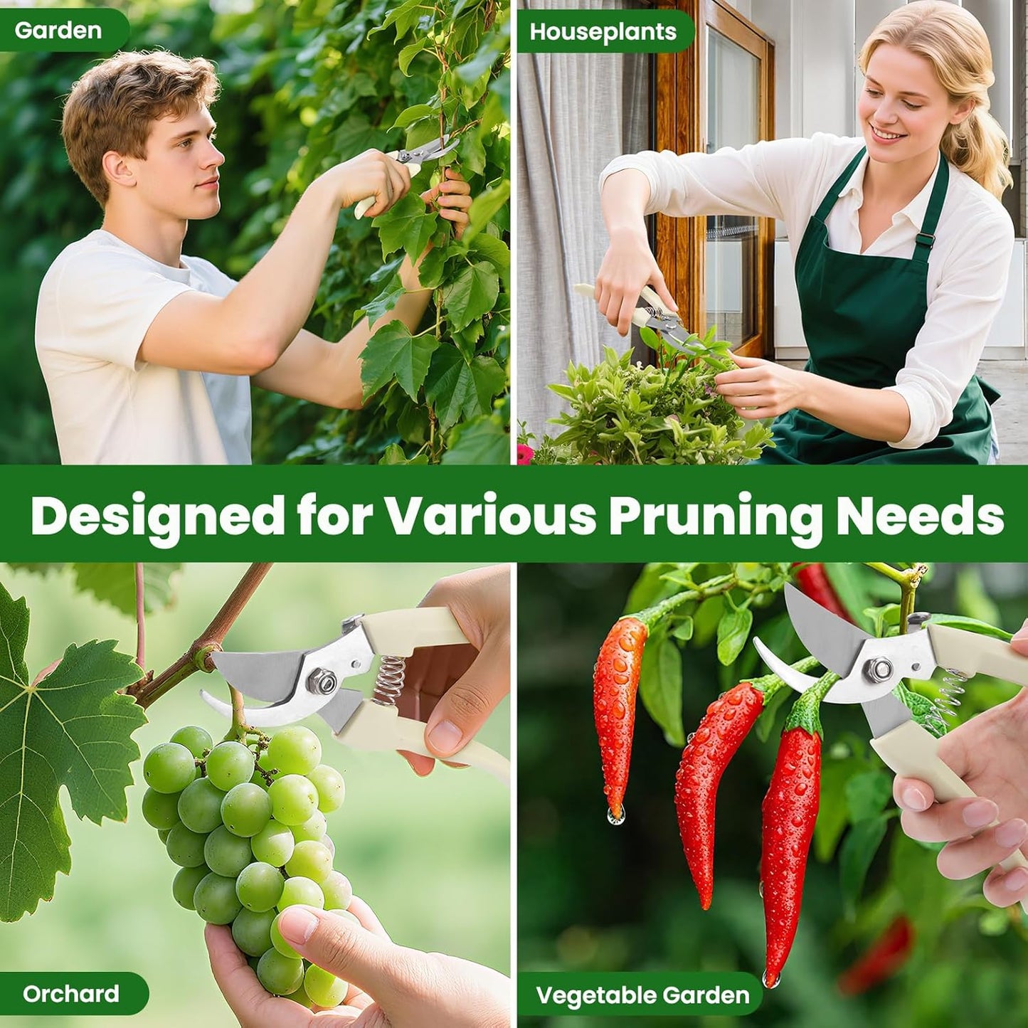 2 Pack Gardening Pruning Shears, Sharp Bypass Blade Garden Shears, Stainless Steel Garden Scissors with Comfortable Grip, Hand Pruners for Trimming Branches, Flowers, Plants, Fruit Trees & Vegetables