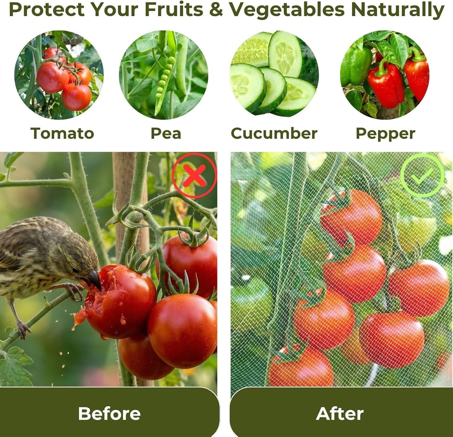 Garden Bird Netting, 3 Pack Tomato Cage Netting with Zipper, 18" x 60"