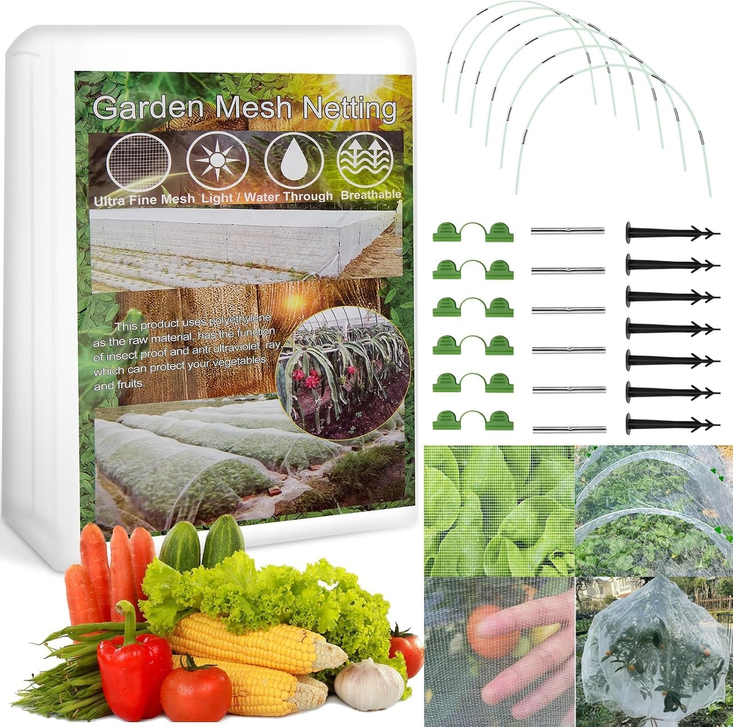 95pcs Garden Mesh Netting Kit for Garden Protection with Hoops Frame 8x33Ft