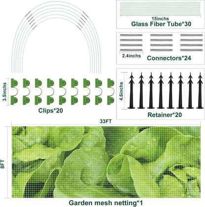 95pcs Garden Mesh Netting Kit for Garden Protection with Hoops Frame 8x33Ft