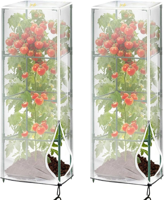 2 Pcs Garden Bird Netting Plant Cover for Square Tomato Cage,59" x 15.8"x 15.8" Tomato Cage Garden Net Cover with Zipper Drawstring, Tomato Trellis Insect Bird Barrier Protection Mesh for Plant