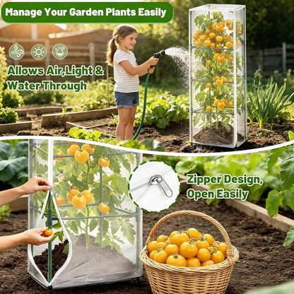 2 Pcs Garden Bird Netting Plant Cover for Square Tomato Cage,59" x 15.8"x 15.8" Tomato Cage Garden Net Cover with Zipper Drawstring, Tomato Trellis Insect Bird Barrier Protection Mesh for Plant