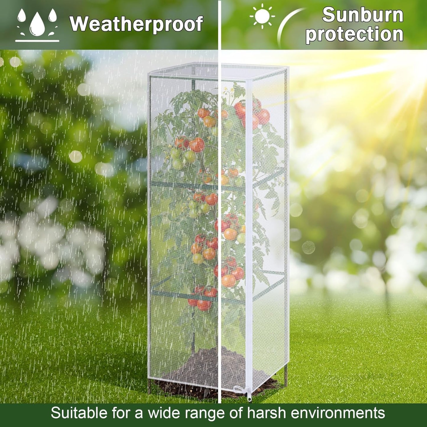2 Pcs Garden Bird Netting Plant Cover for Square Tomato Cage,59" x 15.8"x 15.8" Tomato Cage Garden Net Cover with Zipper Drawstring, Tomato Trellis Insect Bird Barrier Protection Mesh for Plant
