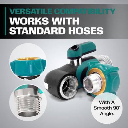 45 Metal Hose Elbow, Heavy Duty Hose Adapter and Angle Connector with Water Shut Off Valve