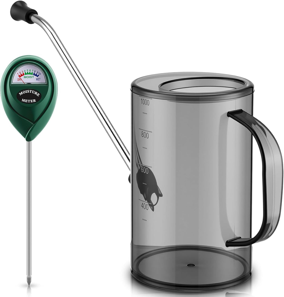 Plants Watering Can for Indoor Plants with Long Stainless Steel Spout & Soil Moisture Meter Long Spout Watering Cans for House Plant, Pot Flower, Succulent, Garden(Gray,1 L,Cylindrical)