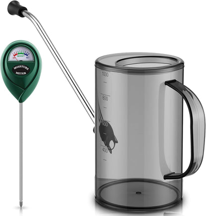Plants Watering Can for Indoor Plants with Long Stainless Steel Spout & Soil Moisture Meter Long Spout Watering Cans for House Plant, Pot Flower, Succulent, Garden(Gray,1 L,Cylindrical)