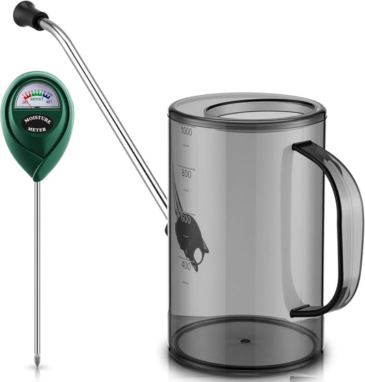 Plants Watering Can for Indoor Plants with Long Stainless Steel Spout & Soil Moisture Meter Long Spout Watering Cans for House Plant, Pot Flower, Succulent, Garden(Gray,1 L,Cylindrical)