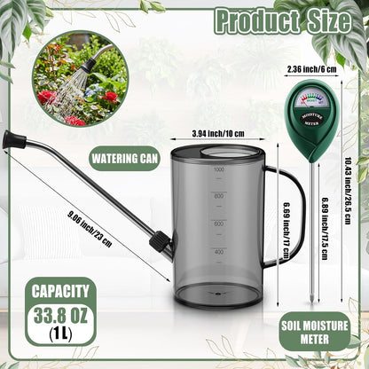 Plants Watering Can for Indoor Plants with Long Stainless Steel Spout & Soil Moisture Meter Long Spout Watering Cans for House Plant, Pot Flower, Succulent, Garden(Gray,1 L,Cylindrical)