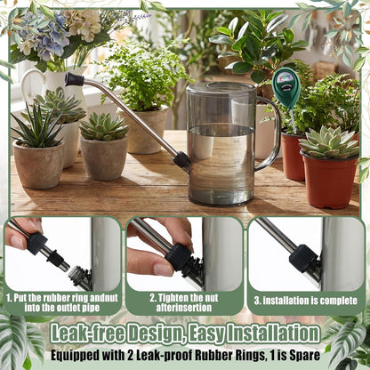 Plants Watering Can for Indoor Plants with Long Stainless Steel Spout & Soil Moisture Meter Long Spout Watering Cans for House Plant, Pot Flower, Succulent, Garden(Gray,1 L,Cylindrical)