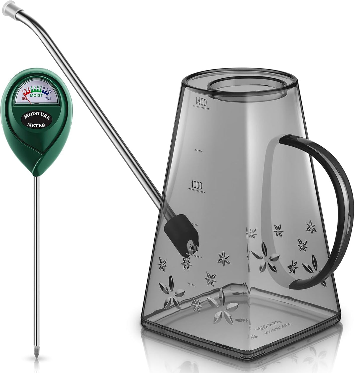 Plants Watering Can for Indoor Plants with Long Stainless Steel Spout & Soil Moisture Meter Long Spout Watering Cans for House Plant, Pot Flower, Succulent, Garden(Gray,1 L,Cylindrical)