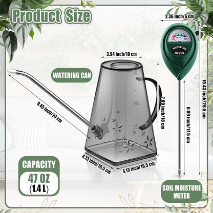 Plants Watering Can for Indoor Plants with Long Stainless Steel Spout & Soil Moisture Meter Long Spout Watering Cans for House Plant, Pot Flower, Succulent, Garden(Gray,1 L,Cylindrical)