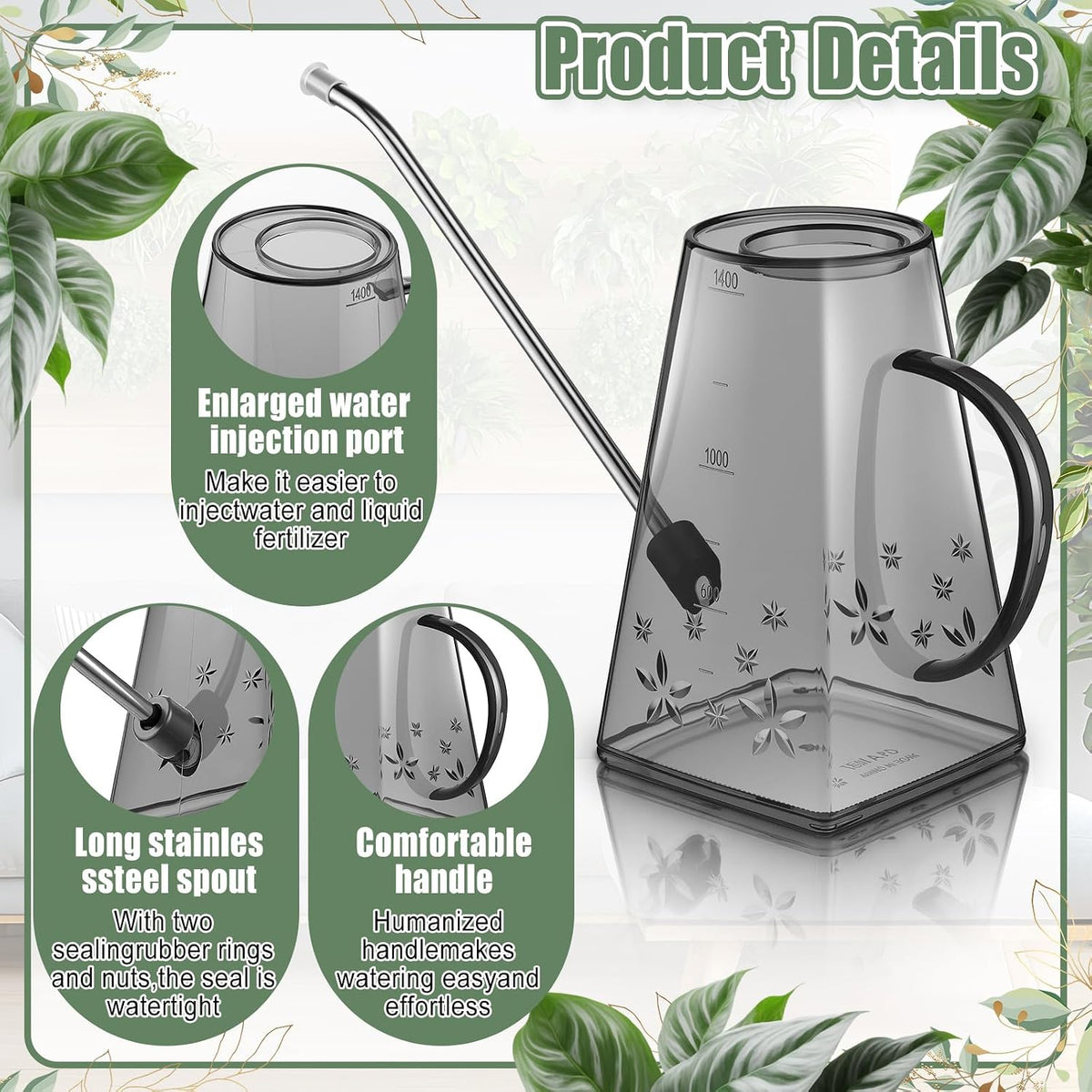 Plants Watering Can for Indoor Plants with Long Stainless Steel Spout & Soil Moisture Meter Long Spout Watering Cans for House Plant, Pot Flower, Succulent, Garden(Gray,1 L,Cylindrical)