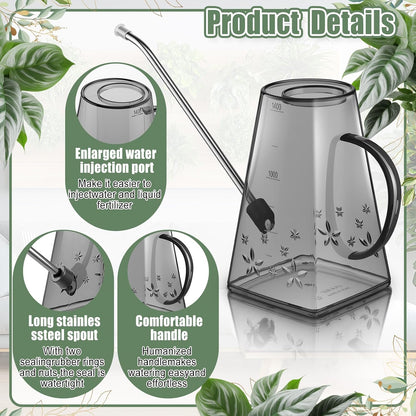 Plants Watering Can for Indoor Plants with Long Stainless Steel Spout & Soil Moisture Meter Long Spout Watering Cans for House Plant, Pot Flower, Succulent, Garden(Gray,1 L,Cylindrical)