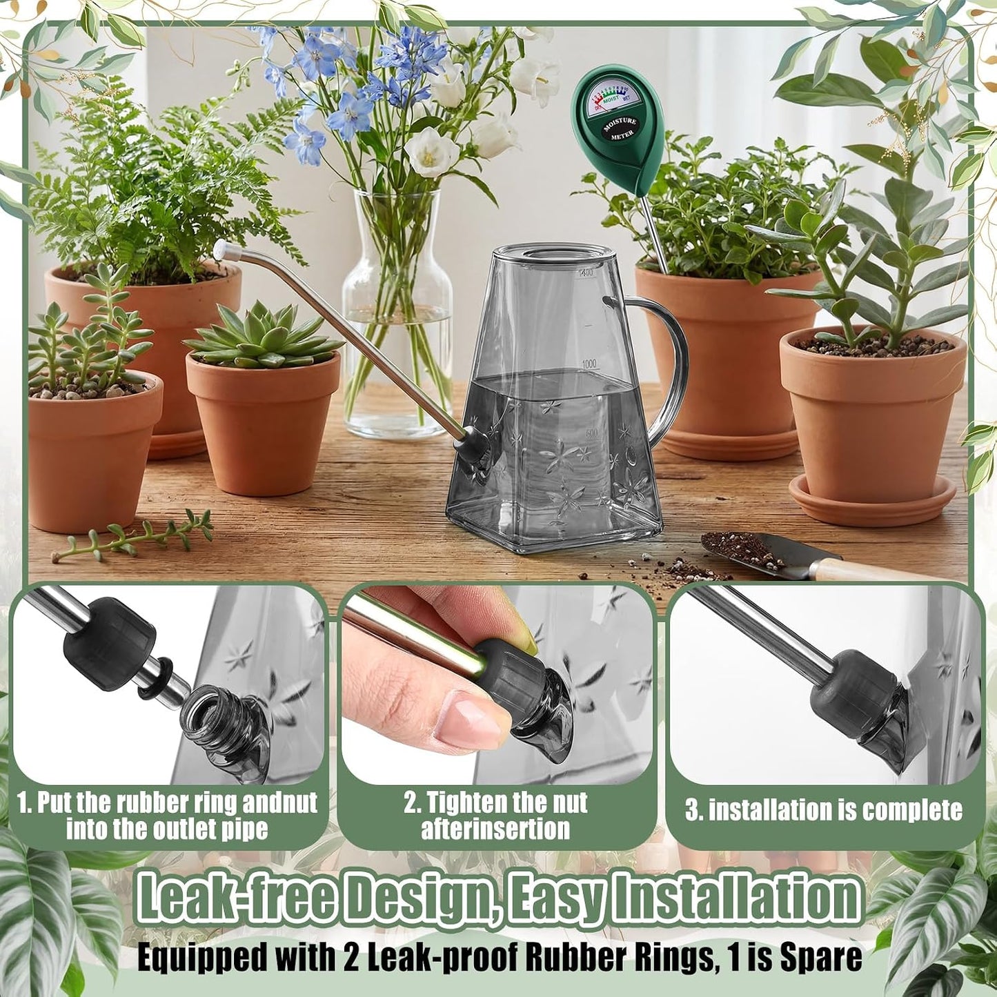 Plants Watering Can for Indoor Plants with Long Stainless Steel Spout & Soil Moisture Meter Long Spout Watering Cans for House Plant, Pot Flower, Succulent, Garden(Gray,1 L,Cylindrical)