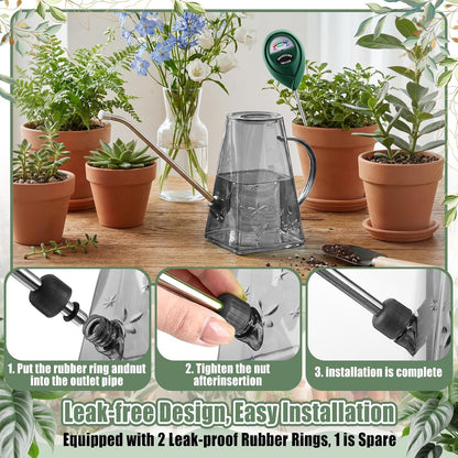 Plants Watering Can for Indoor Plants with Long Stainless Steel Spout & Soil Moisture Meter Long Spout Watering Cans for House Plant, Pot Flower, Succulent, Garden(Gray,1 L,Cylindrical)