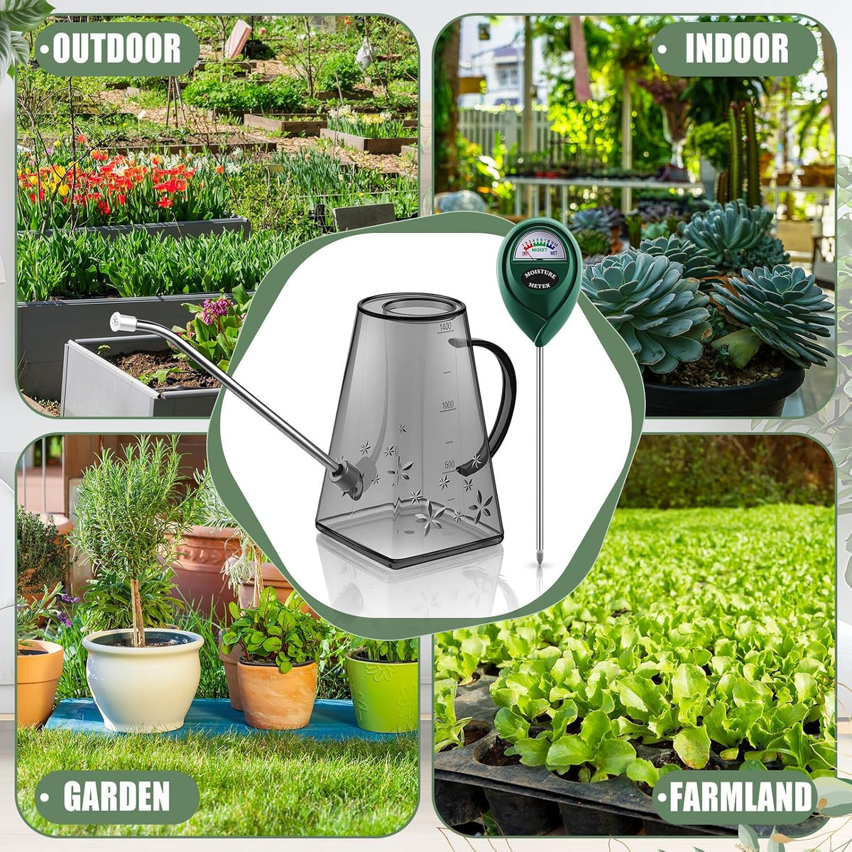 Plants Watering Can for Indoor Plants with Long Stainless Steel Spout & Soil Moisture Meter Long Spout Watering Cans for House Plant, Pot Flower, Succulent, Garden(Gray,1 L,Cylindrical)