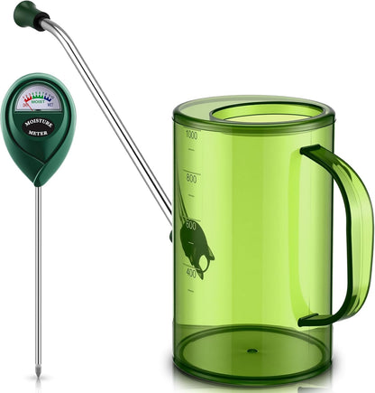 Plants Watering Can for Indoor Plants with Long Stainless Steel Spout & Soil Moisture Meter Long Spout Watering Cans for House Plant, Pot Flower, Succulent, Garden(Gray,1 L,Cylindrical)