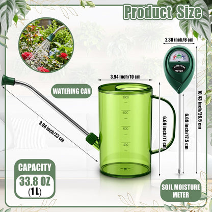 Plants Watering Can for Indoor Plants with Long Stainless Steel Spout & Soil Moisture Meter Long Spout Watering Cans for House Plant, Pot Flower, Succulent, Garden(Gray,1 L,Cylindrical)