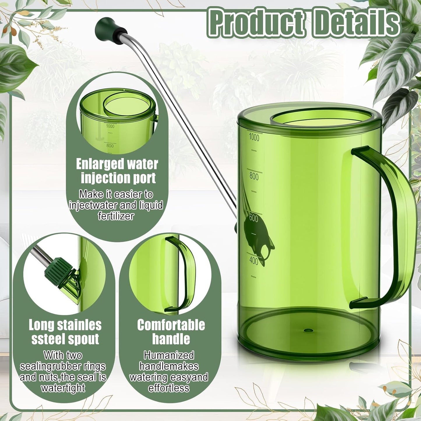 Plants Watering Can for Indoor Plants with Long Stainless Steel Spout & Soil Moisture Meter Long Spout Watering Cans for House Plant, Pot Flower, Succulent, Garden(Gray,1 L,Cylindrical)