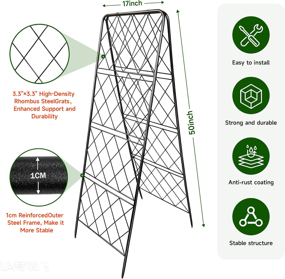 50"x17" Heavy Duty Metal Garden Trellis - Rust-Proof A-Frame Cucumber Trellis with High-Density Rhombus SteelGrats for Climbing Plants, Tomatoes & Raised Beds, Outdoor Use (2 Pack)