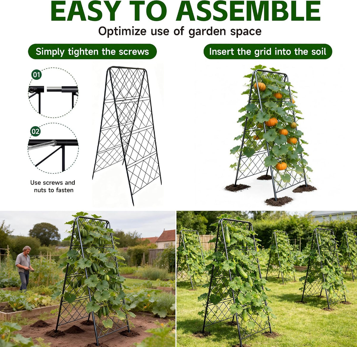 50"x17" Heavy Duty Metal Garden Trellis - Rust-Proof A-Frame Cucumber Trellis with High-Density Rhombus SteelGrats for Climbing Plants, Tomatoes & Raised Beds, Outdoor Use (2 Pack)