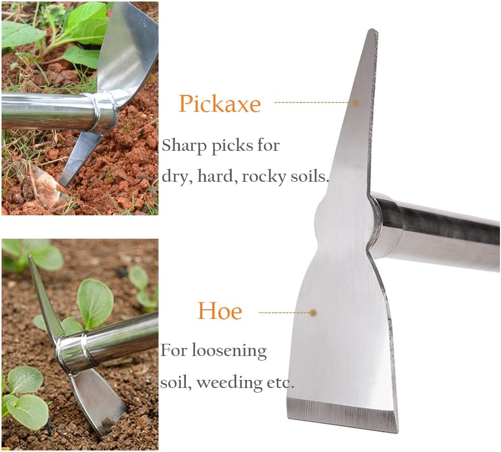 Gardening Hoe, 2 in 1 Shovel and Pickaxe, Digging Hoe Garden Tools Heavy Duty Stainless Steel Vegetable Flower Planting Digging Gadget