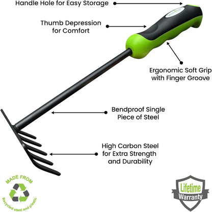 Hand Rake Cultivator Tiller Tool – Strong Carbon Steel for Ultimate Strength - Rust Resistant – Ergonomic Handle – Great for Gardening Cultivating Loosening Weeding Mulching Soil Prep