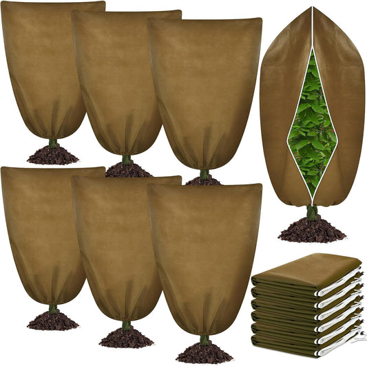 6 Pcs Plant Covers Freeze Protection 48x72 with Drawstring,Brown