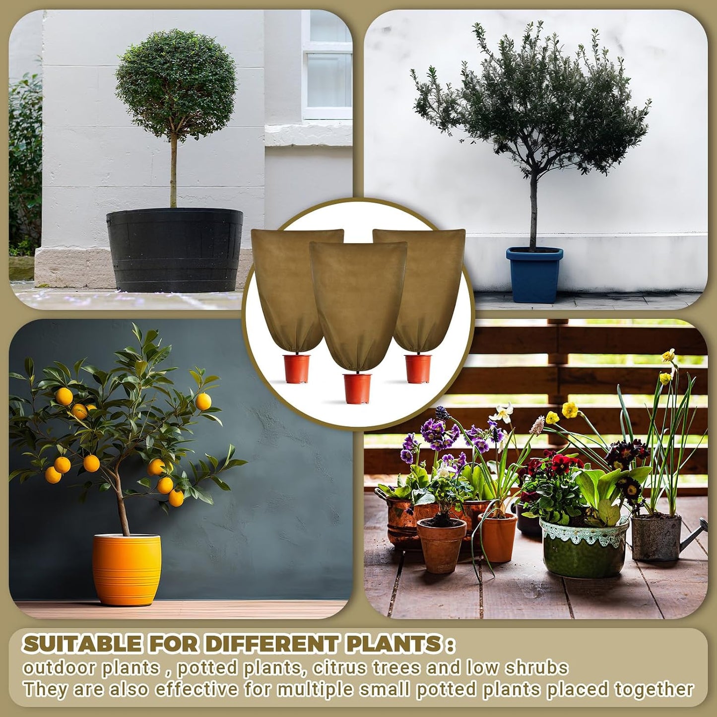 6 Pcs Plant Covers Freeze Protection 48x72 with Drawstring,Brown