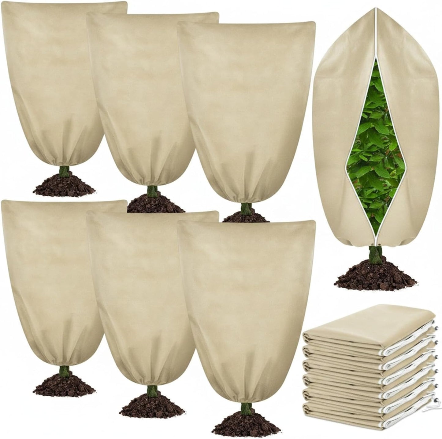 6 Pcs Plant Covers Freeze Protection 48x72 with Drawstring,Brown