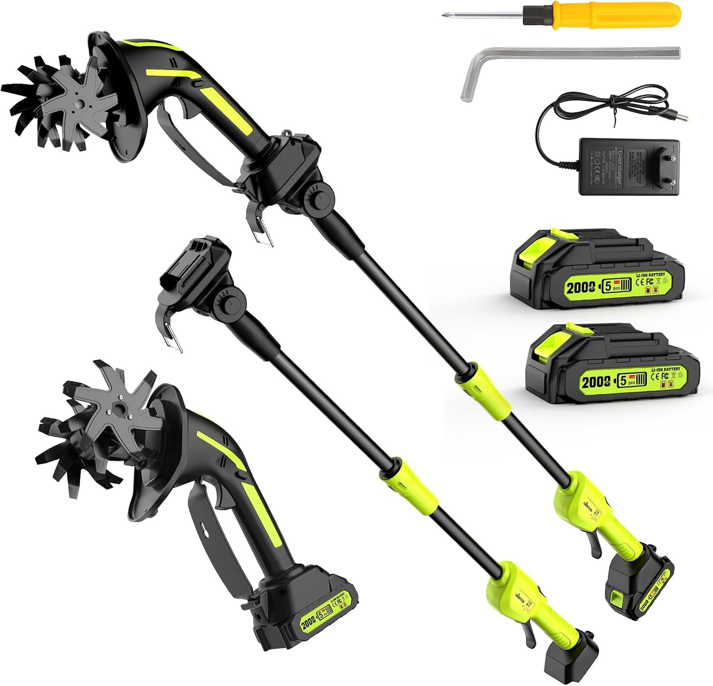 2-in-1 Cordless Tiller Cultivator, 235RPM Powered Tiller with 3.5ft Extension Pole, 2×2.0Ah Rechargeable Batteries, 4-Inch Tilling Width & Depth, Mini Powerful Tiller for Gardening, Lawn
