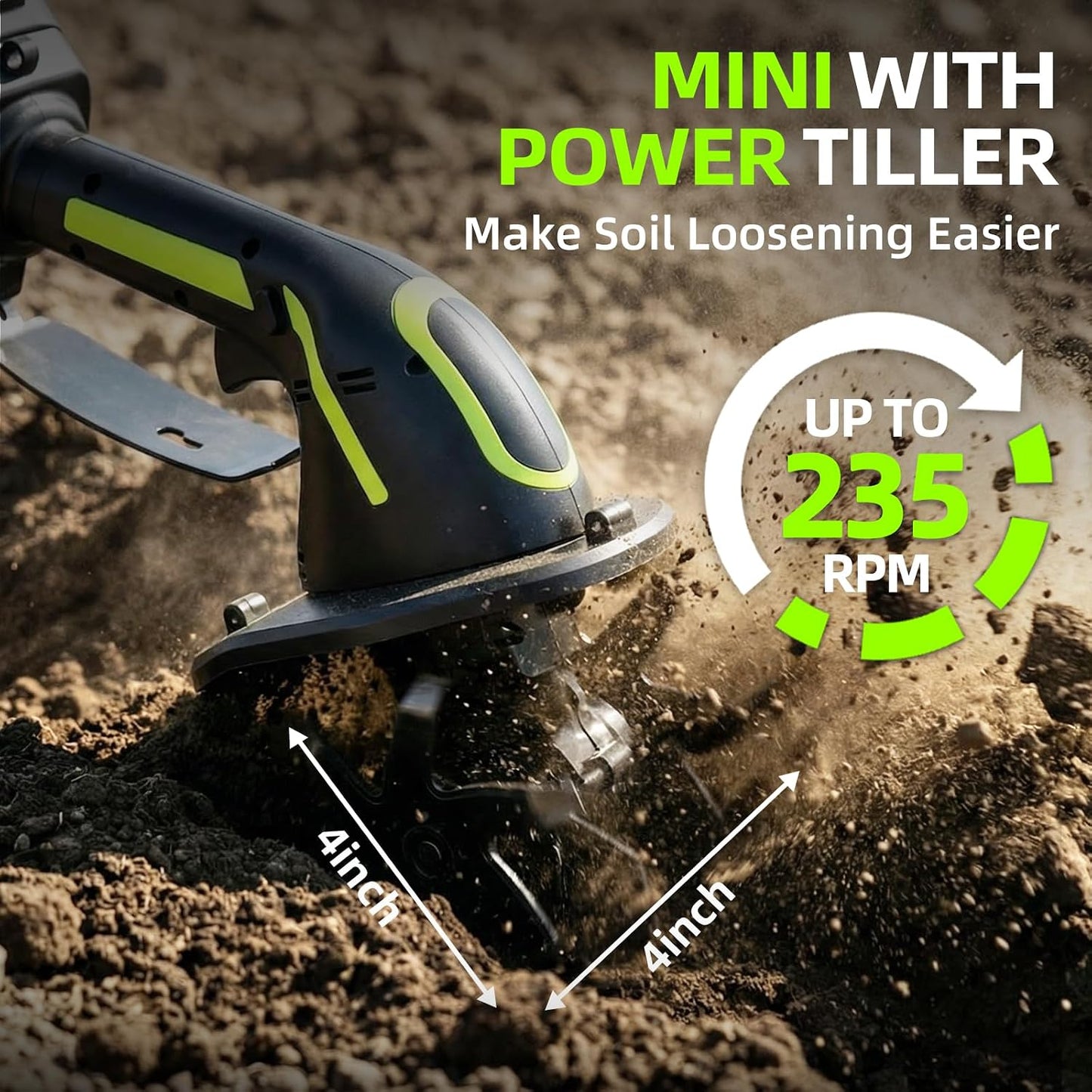 2-in-1 Cordless Tiller Cultivator, 235RPM Powered Tiller with 3.5ft Extension Pole, 2×2.0Ah Rechargeable Batteries, 4-Inch Tilling Width & Depth, Mini Powerful Tiller for Gardening, Lawn